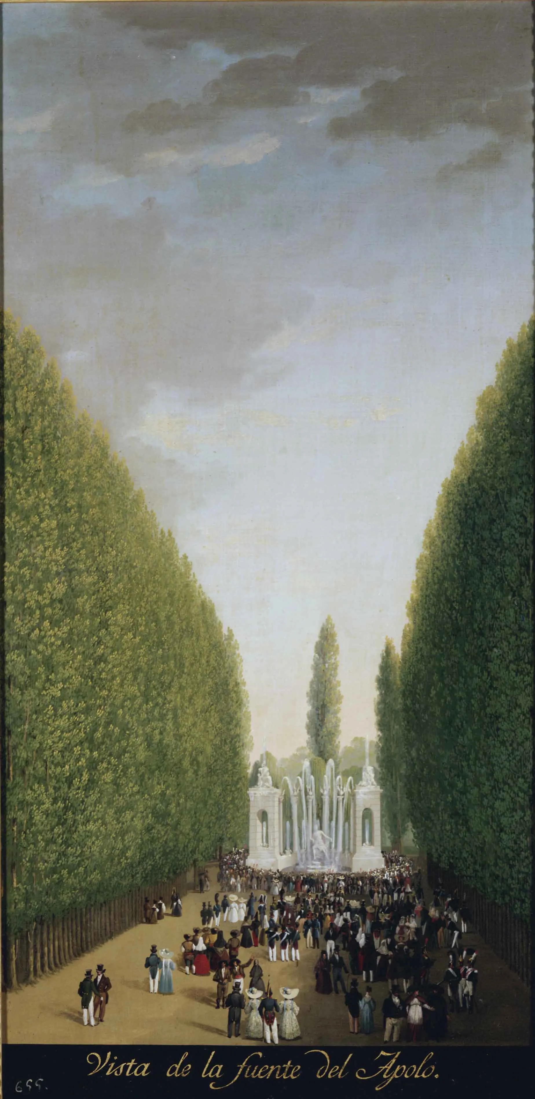Pintura de la fuente de Apolo al fondo de una alameda, con numerosos paseantes.