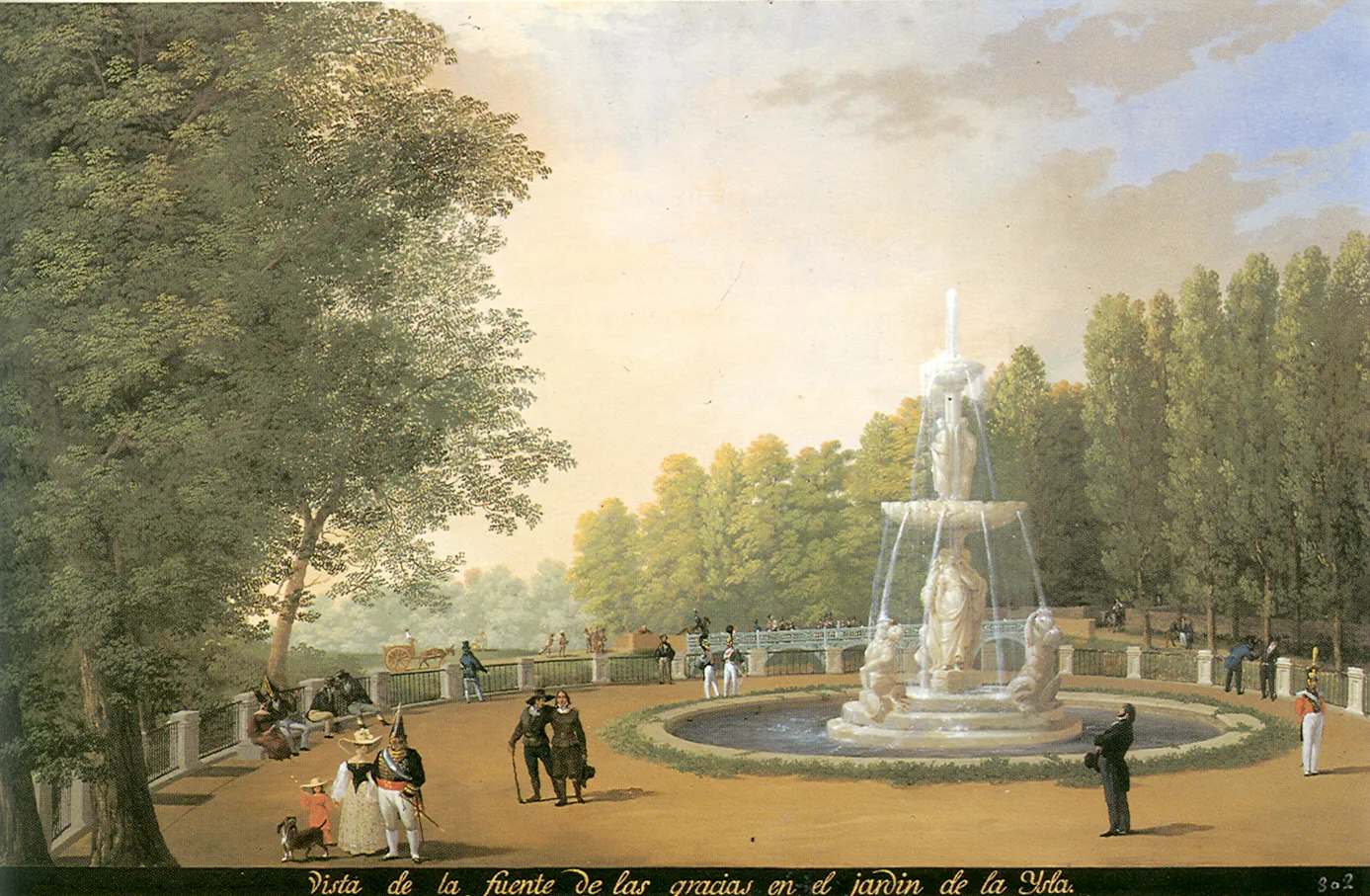 Acuarela de la fuente de las Gracias en el jardín de la Isla, con paseantes entre la arboleda.