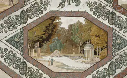 Detalle de un bordado con una escena de jardín y templete dentro de un marco octogonal.