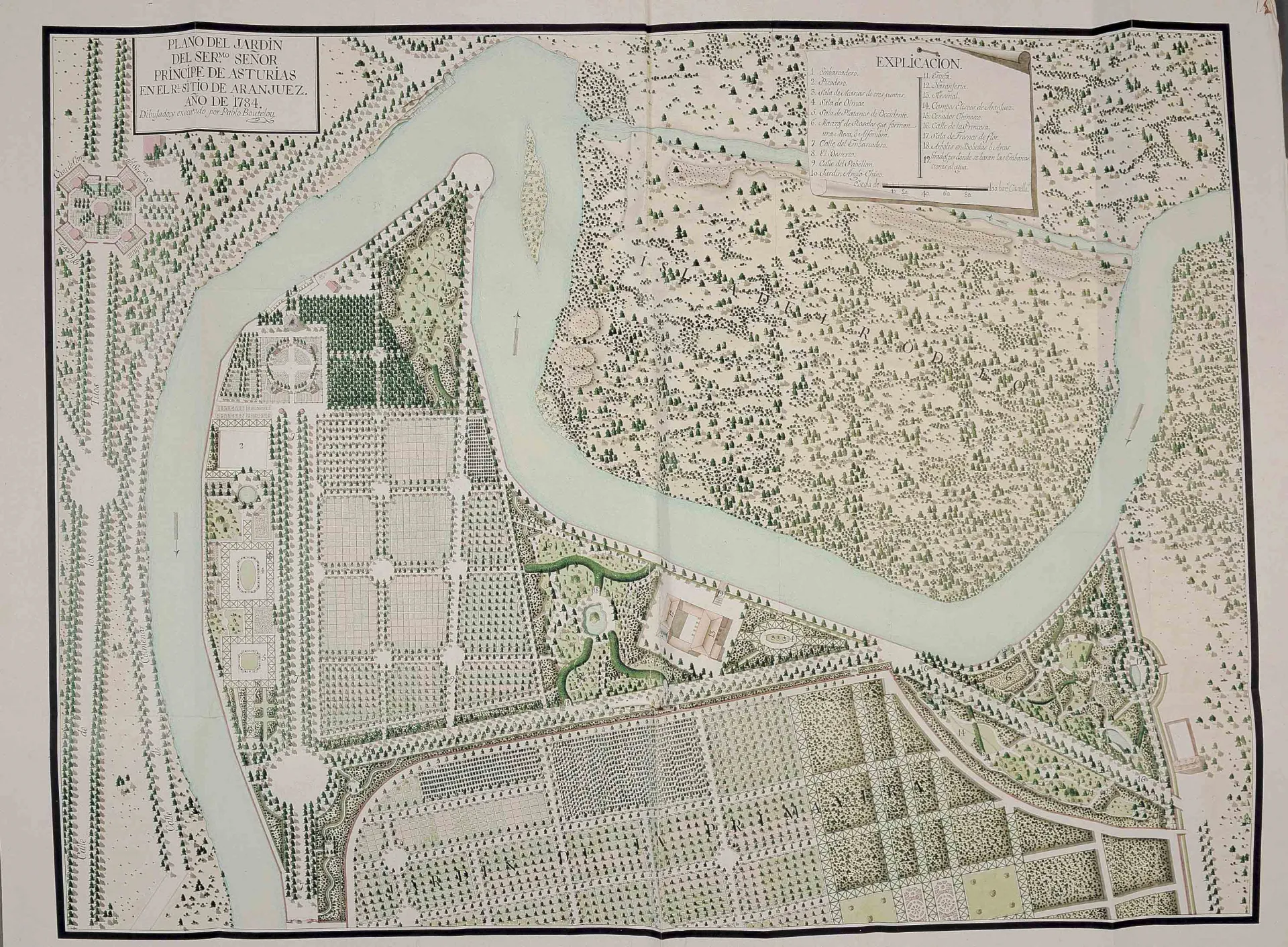 Plano histórico del Jardín del Príncipe de Aranjuez con el río, parterres y arboledas.