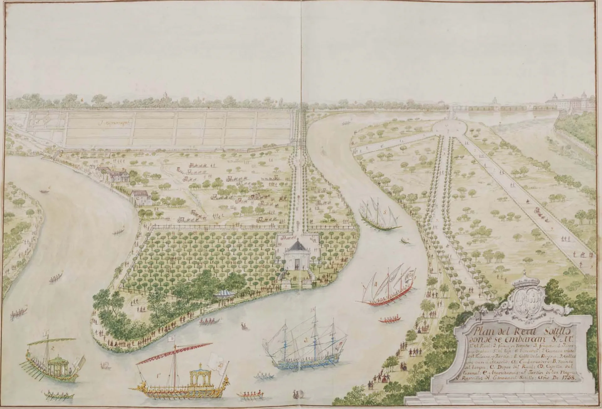 Dibujo histórico a vista de pájaro del Real Sitio con jardines, el río y embarcaciones.