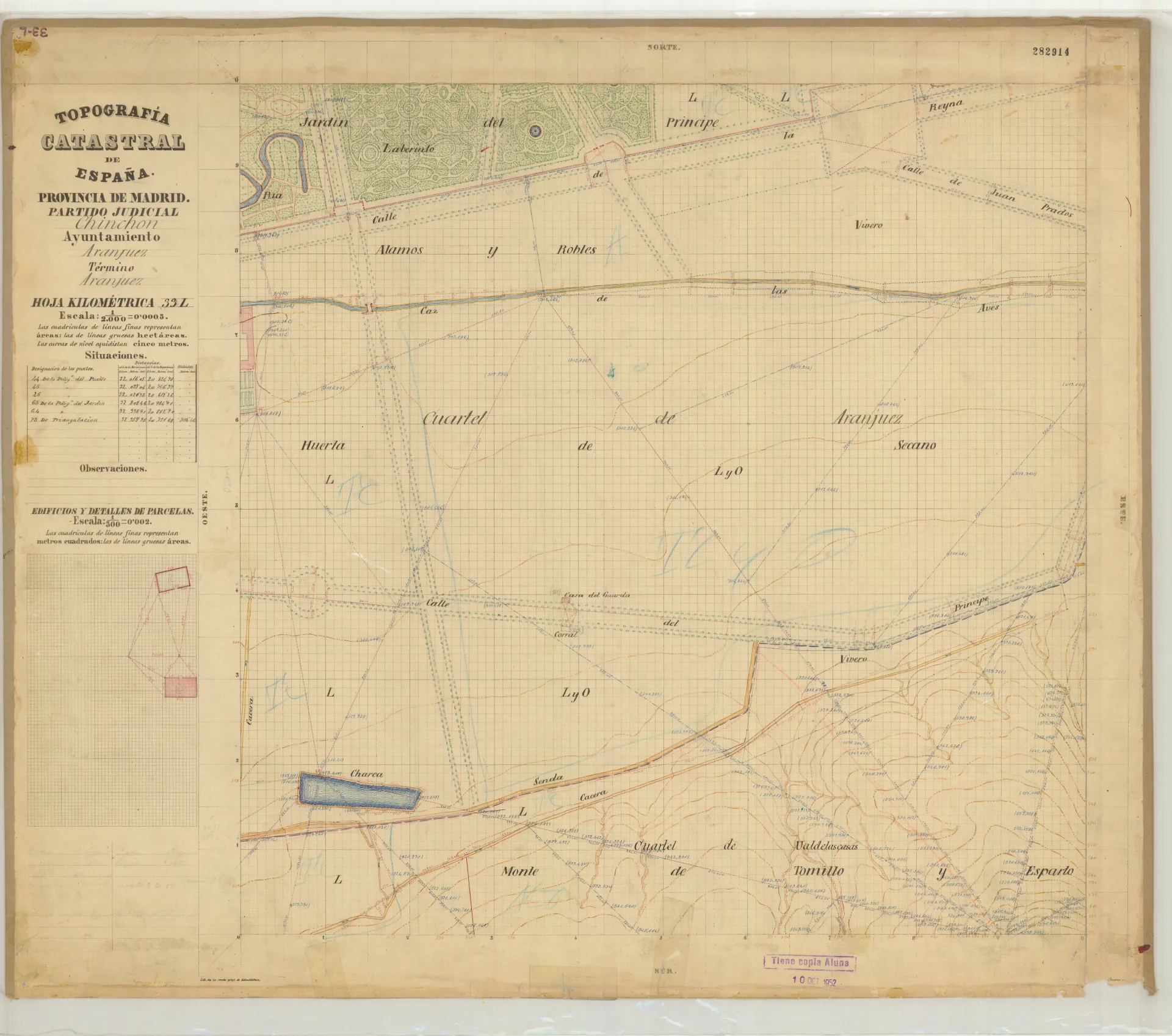 Plano topográfico catastral de Aranjuez con parcelas, caminos y cuarteles.