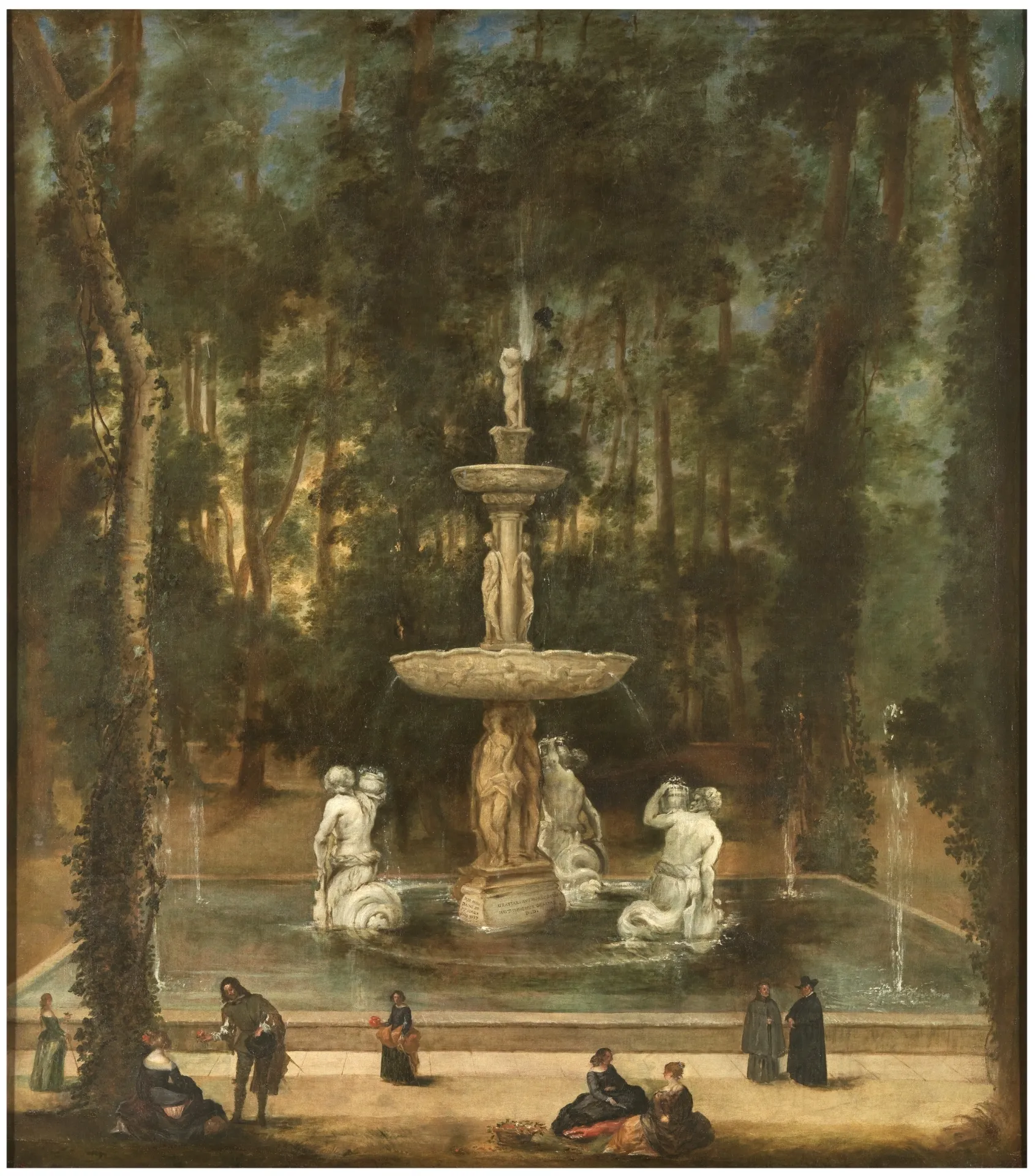 Pintura de la Fuente de los Tritones, con esculturas de mármol y figuras en un jardín arbolado.