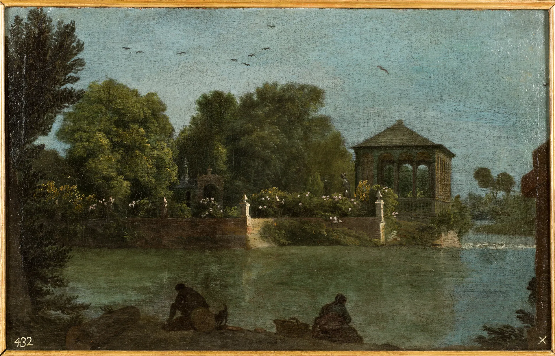 Pintura enmarcada de un estanque del jardín con un templete y figuras pescando.