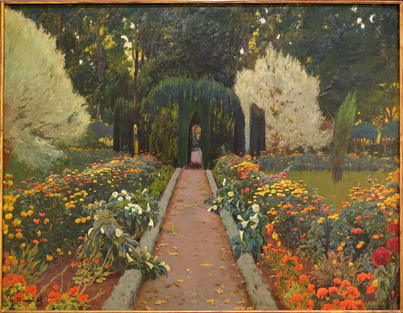 Pintura de un paseo de jardín bordeado de flores y árboles recortados.