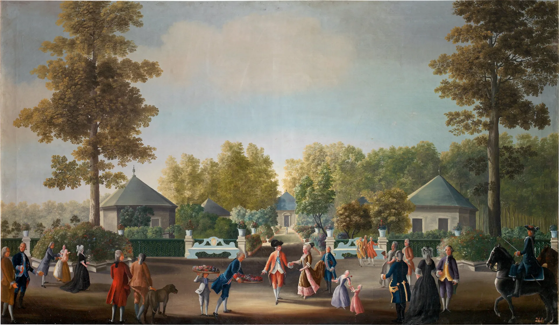Pintura de un jardín con pabellones y numerosos paseantes elegantes.