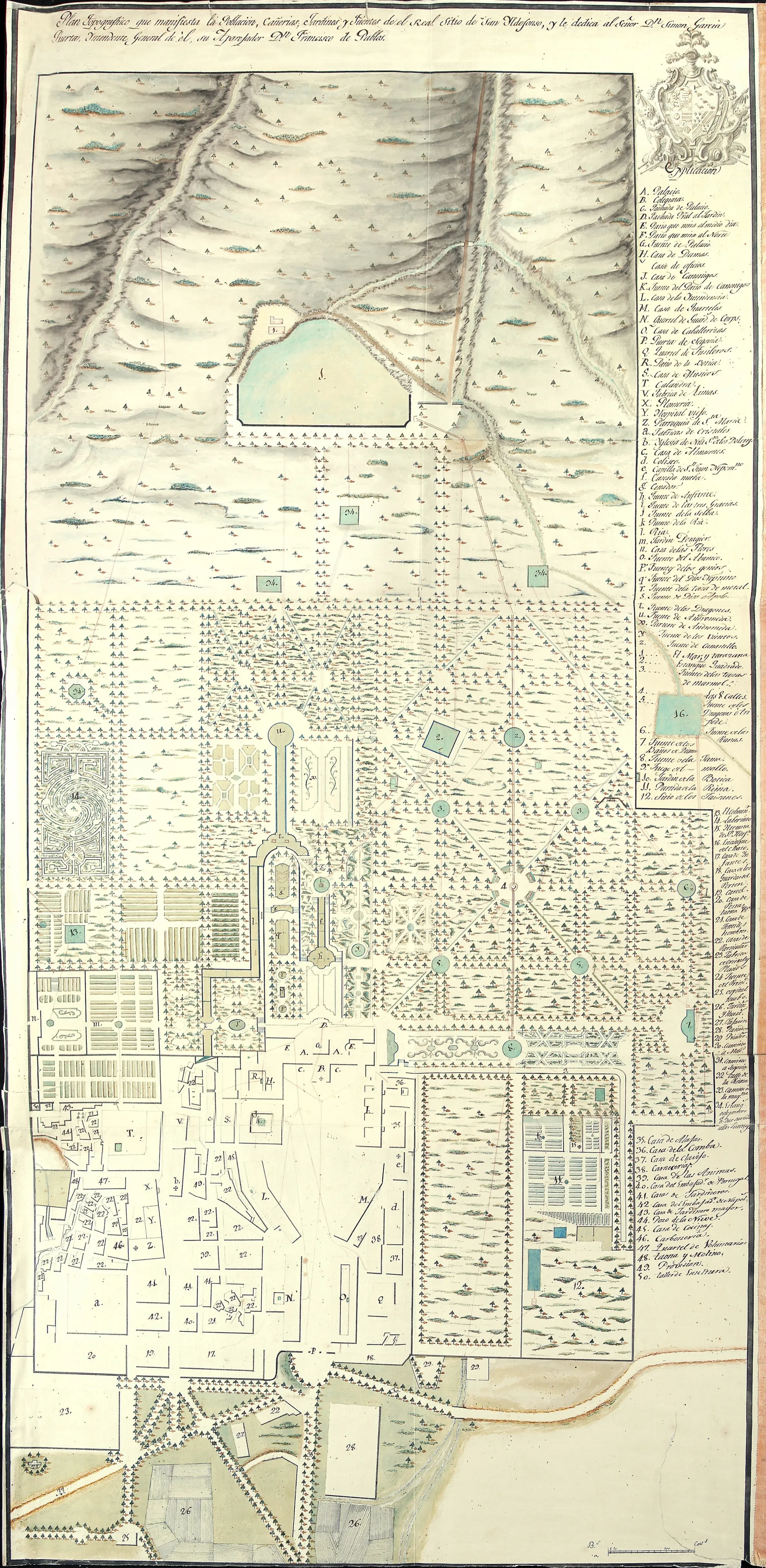 Plano topográfico antiguo y coloreado de un real sitio, con jardines, edificios, un estanque y una leyenda numerada.