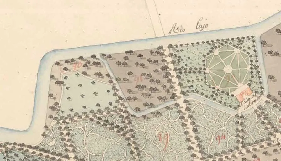 Plano histórico coloreado del entorno de la Casa del Labrador junto al Tajo.