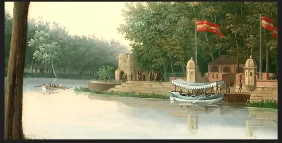 Dibujo histórico a vista de pájaro del Real Sitio con el río y embarcaciones.