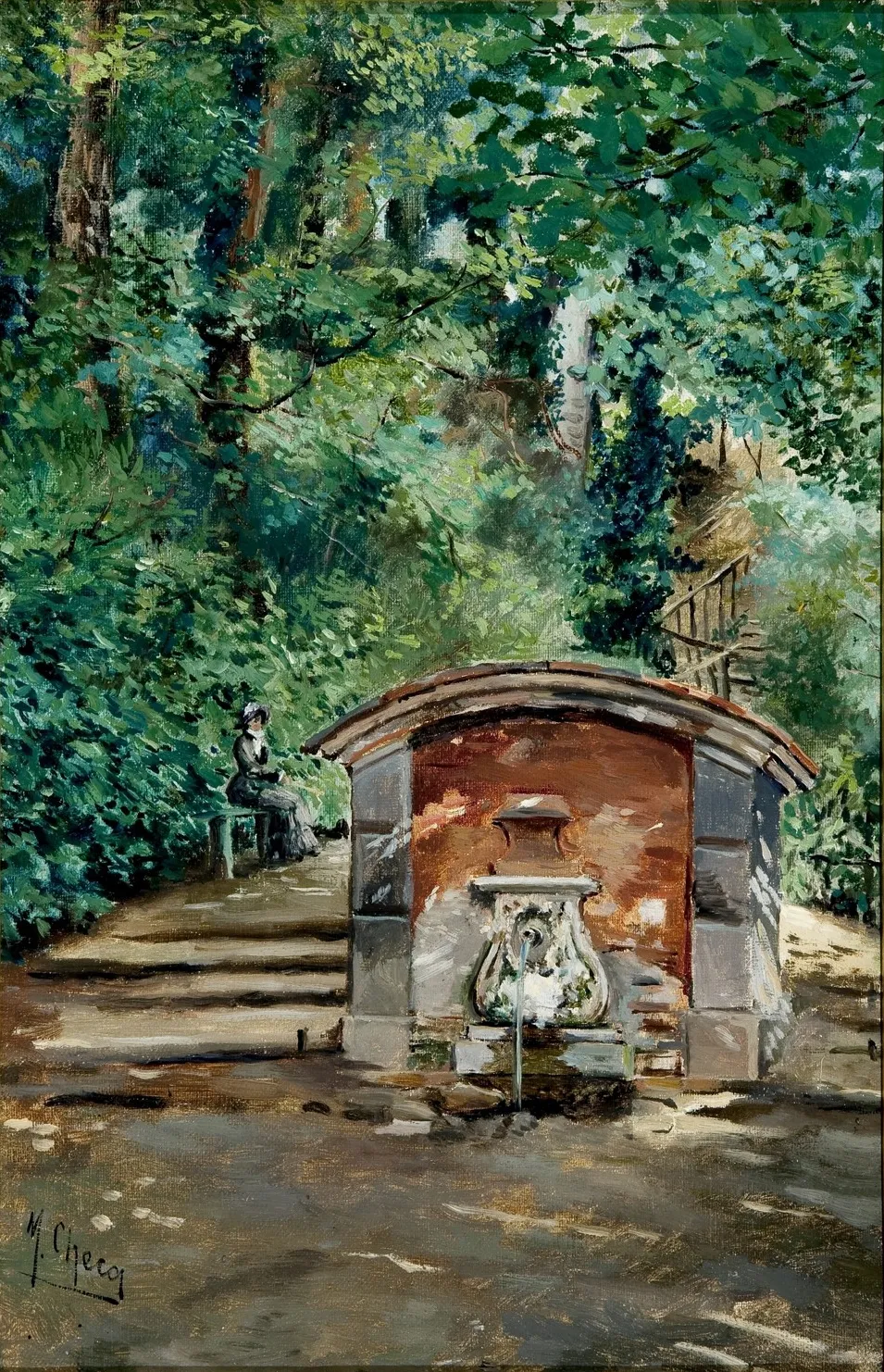 Pintura de una fuente rústica bajo un cobertizo de tejas en el bosque, con una mujer sentada en un banco cercano.