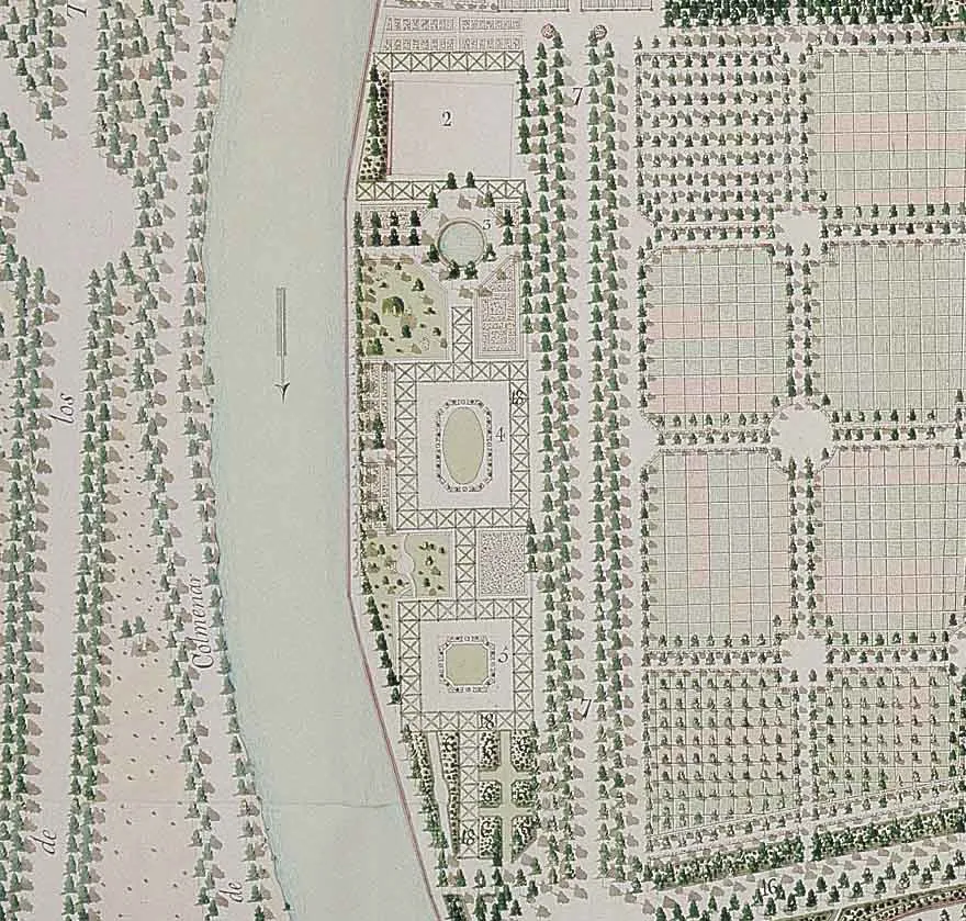 Plano a color de un jardín con parterres numerados, un estanque ovalado y avenidas arboladas junto a un río.