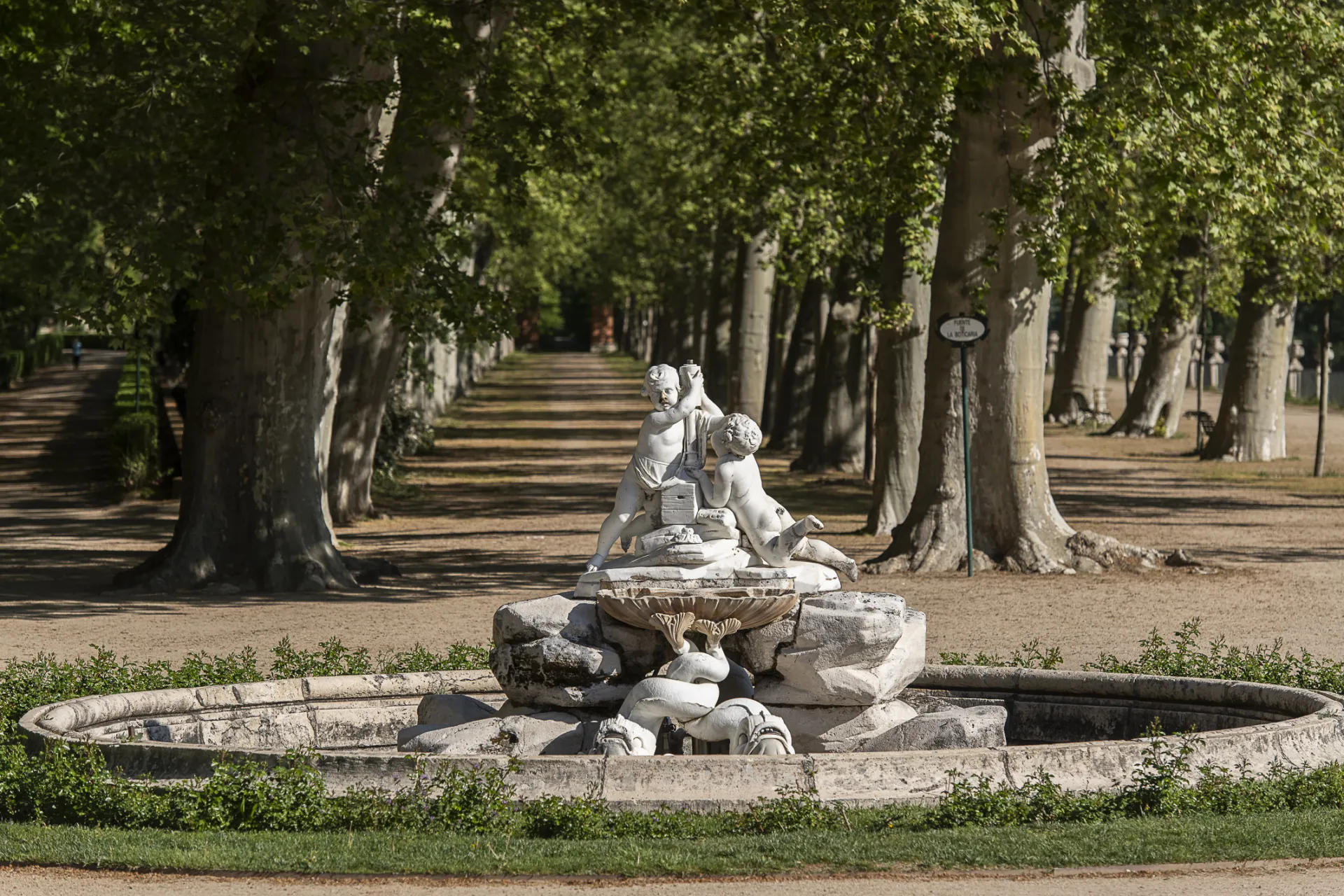 Fuente de la Boticaria en Aranjuez, con su grupo escultórico de figuras infantiles en mármol, en un paseo arbolado.