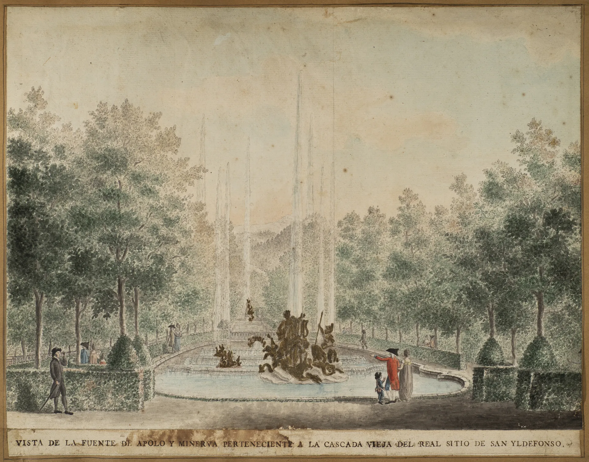 Grabado coloreado antiguo de un estanque de jardín con varios surtidores de agua, setos recortados y paseantes vestidos a la moda del siglo XVIII.