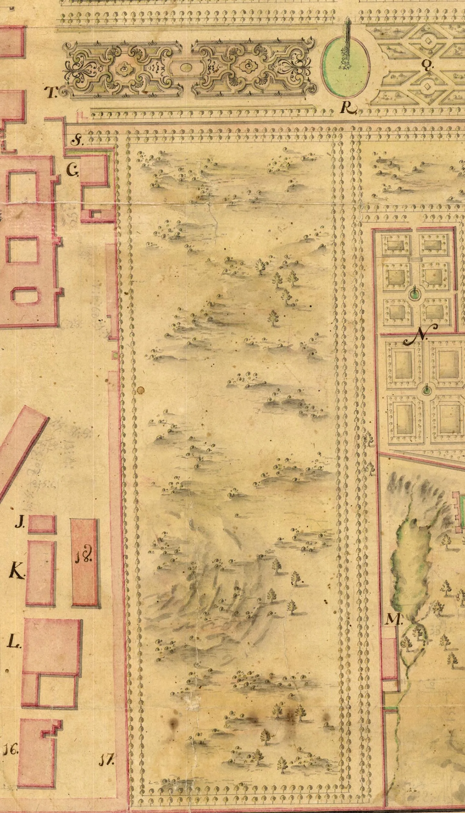 Detalle de un plano antiguo del jardín con una alameda arbolada junto a parterres geométricos y edificios del palacio.