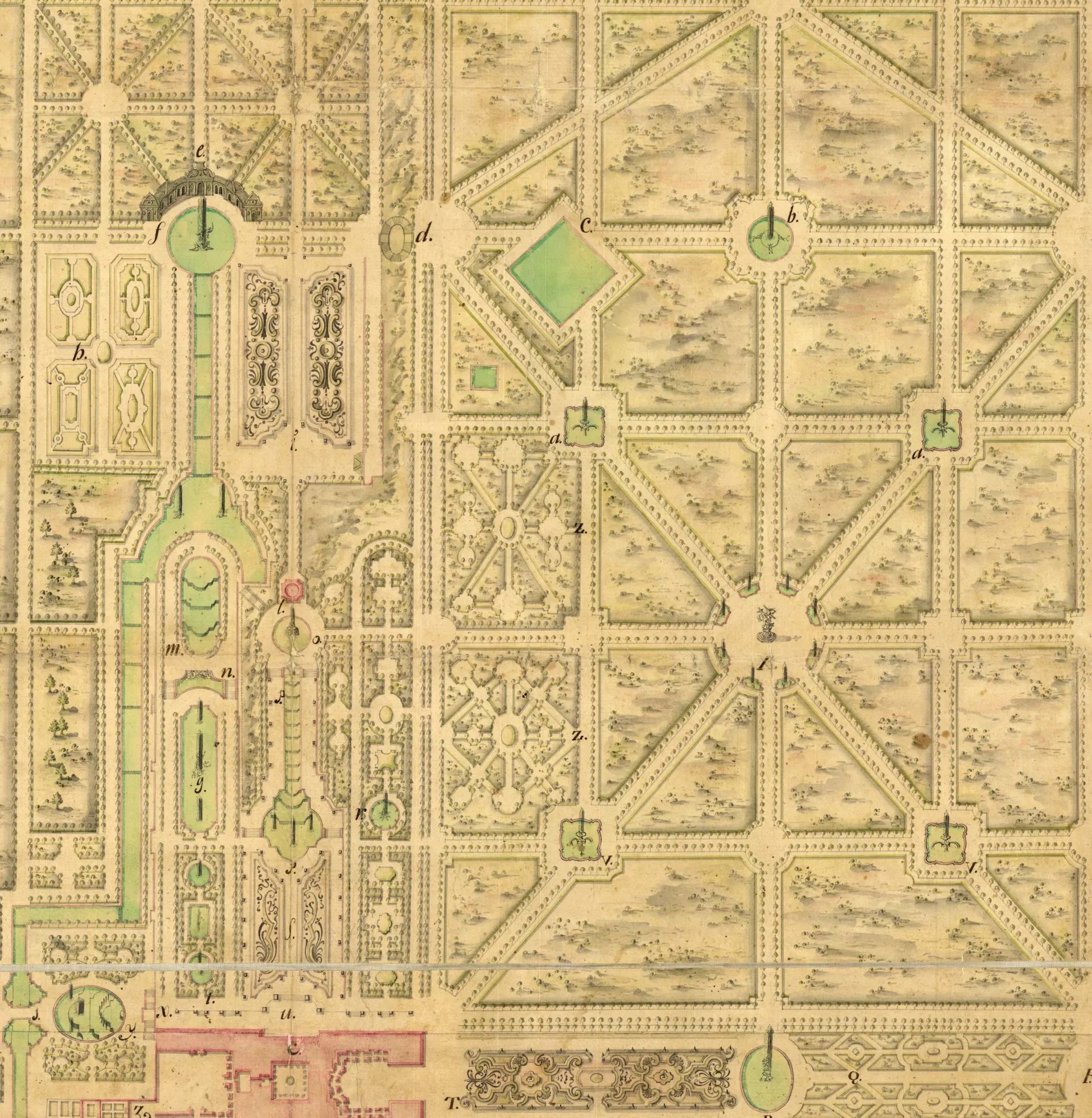 Plano antiguo coloreado de un sector de jardín con parterres geométricos, círculos y avenidas arboladas, con letras de referencia.
