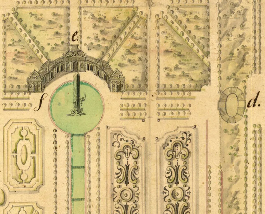Dibujo de plano de un pabellón en forma de gloriette sobre una fuente circular, rodeado de avenidas arboladas radiales.