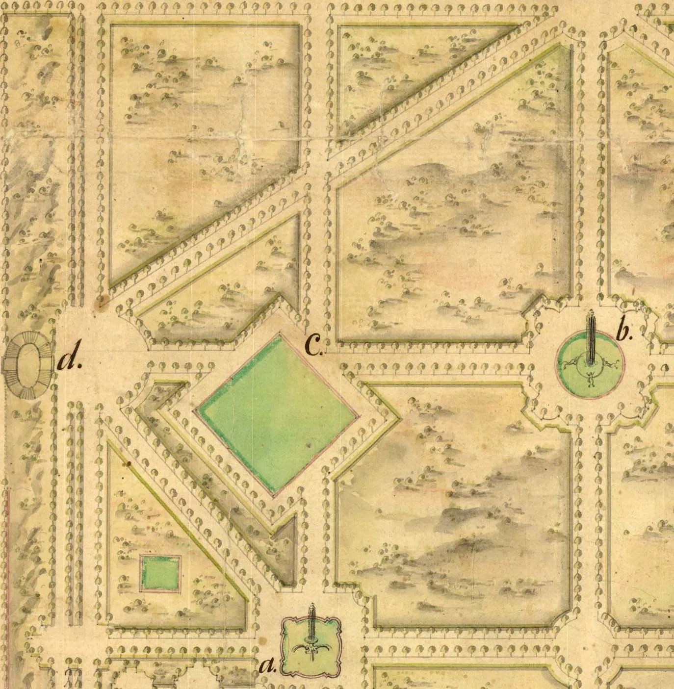 Plano antiguo coloreado de un jardín geométrico con una plazoleta romboidal verde y fuentes circulares señaladas con letras.