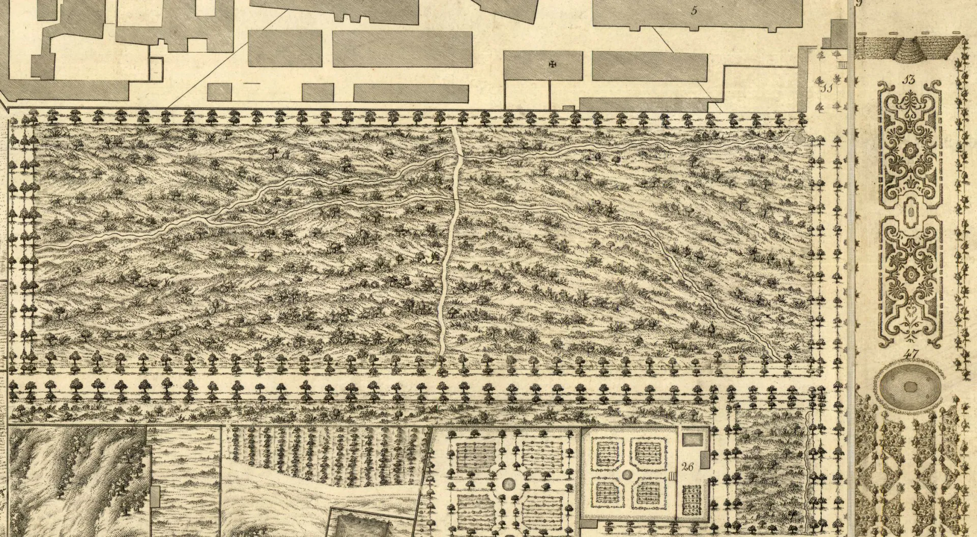 Detalle de un plano antiguo del jardín con una zona de bosque cruzada por un sendero, junto a parterres geométricos y una fuente.