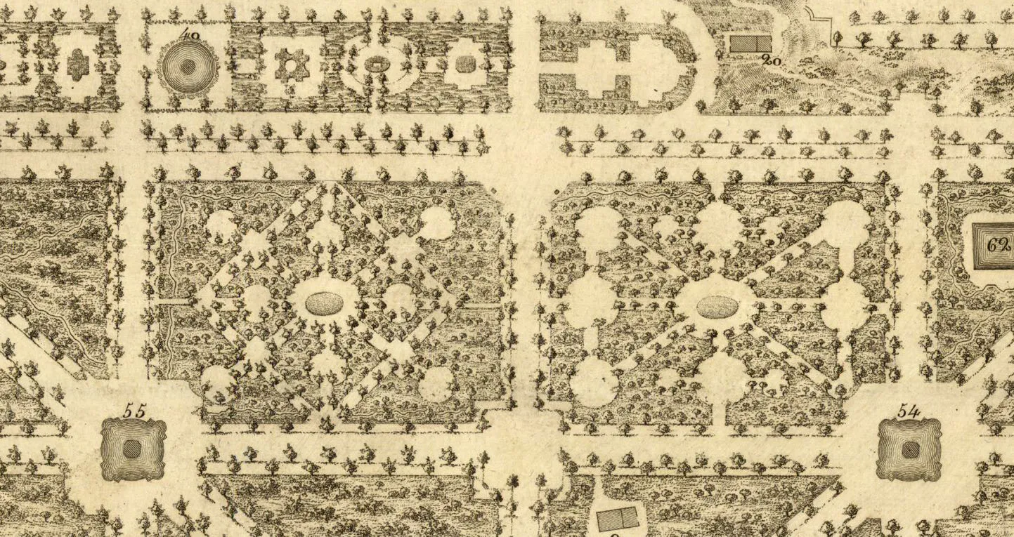 Grabado de un plano de jardín con parterres en forma de estrella y bosquetes geométricos numerados.