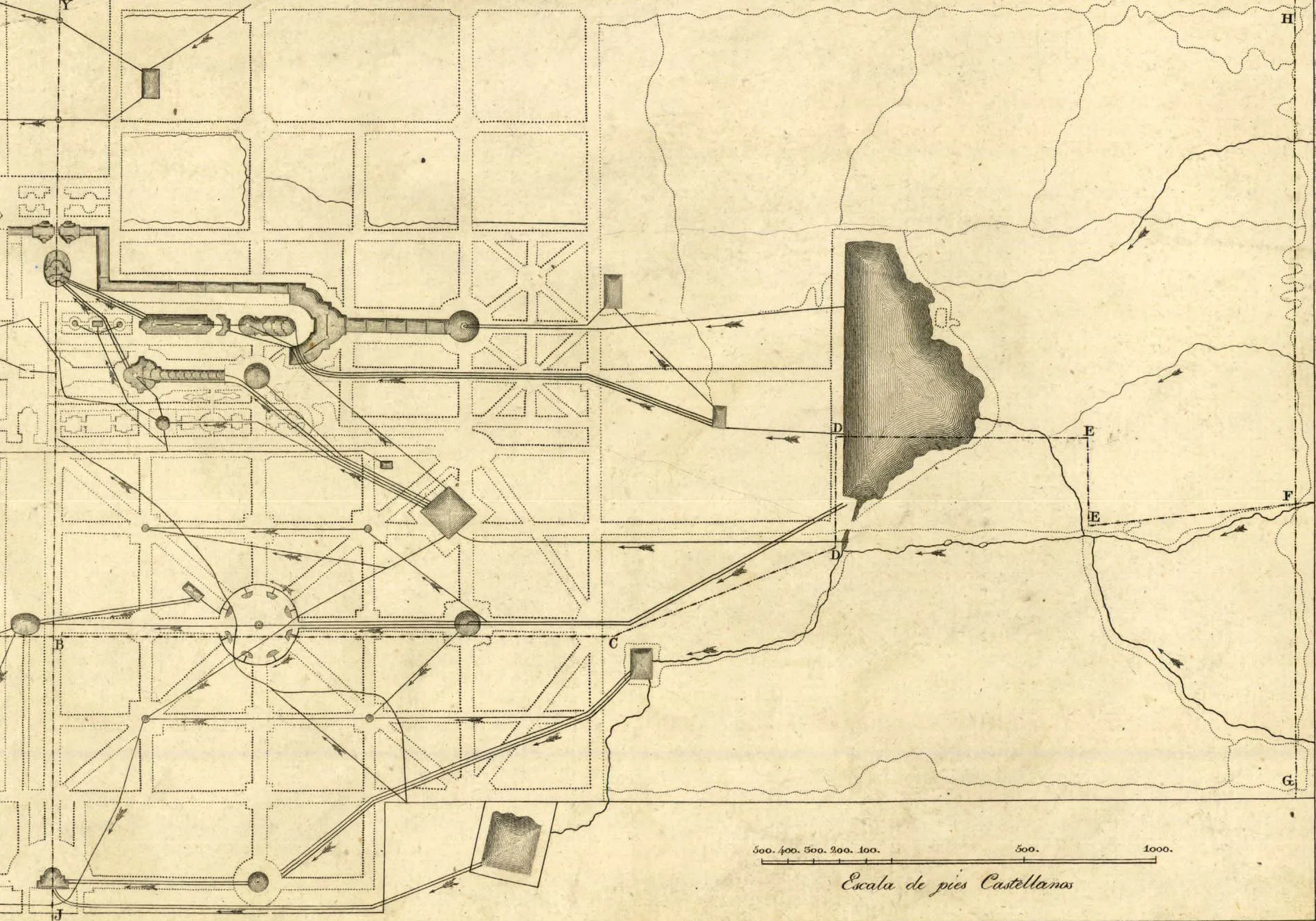 Plano antiguo grabado con el trazado de canalizaciones y fuentes de un jardín, con una escala de pies castellanos.