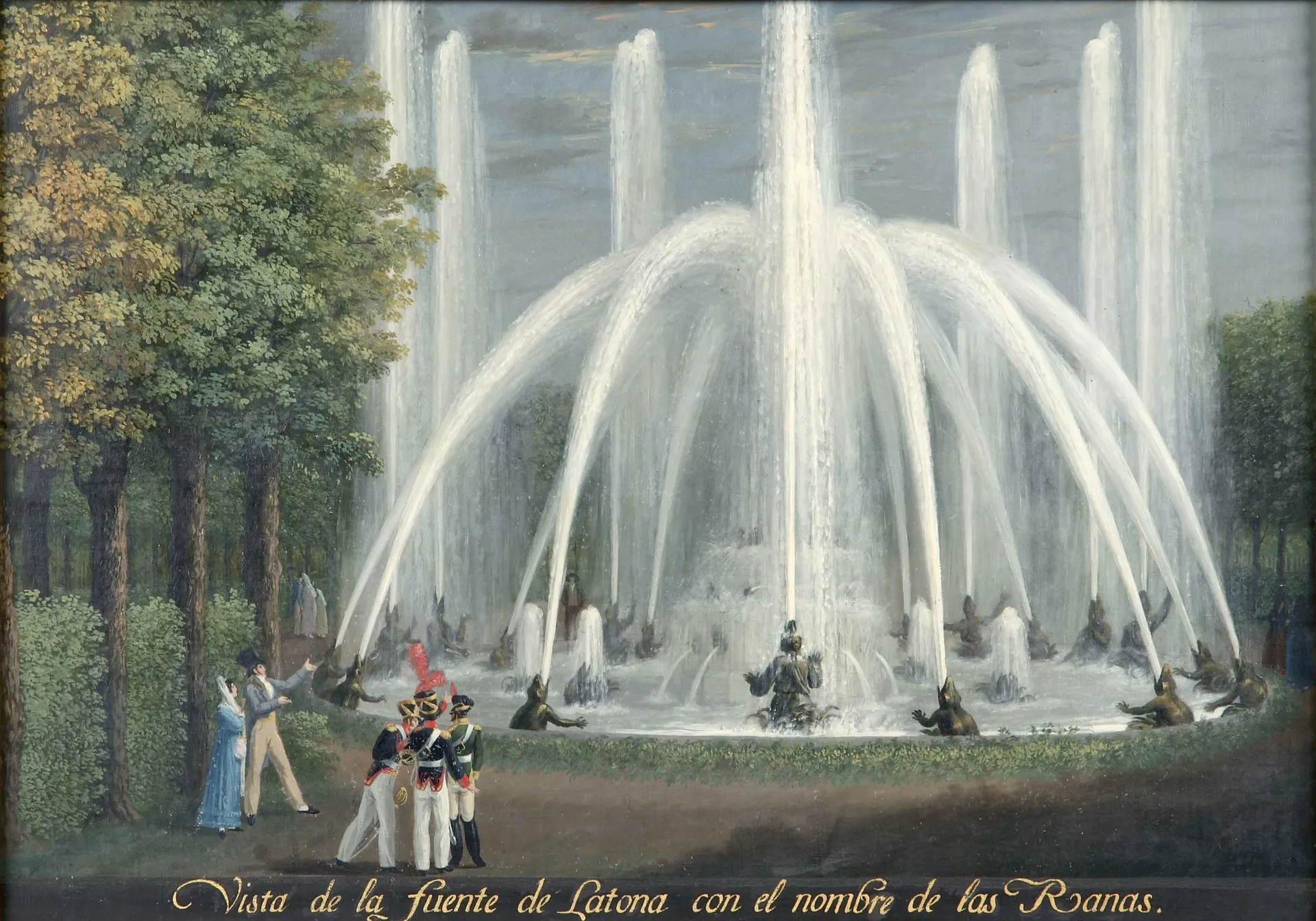 Pintura de una fuente con múltiples chorros de agua en forma de cúpula sobre ranas de bronce, con paseantes y soldados observando en primer término.