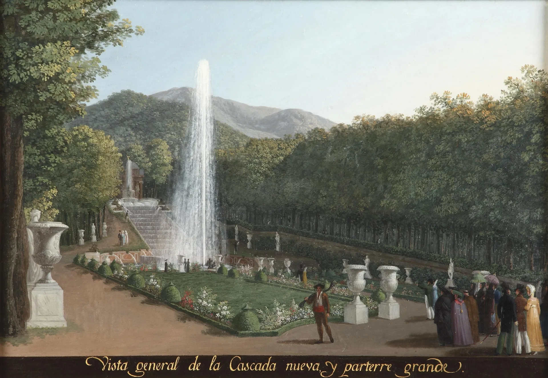Fernando Brambilla, Vista general de la Cascada Nueva y del Parterre Grande, h. 1821. Patrimonio Nacional.