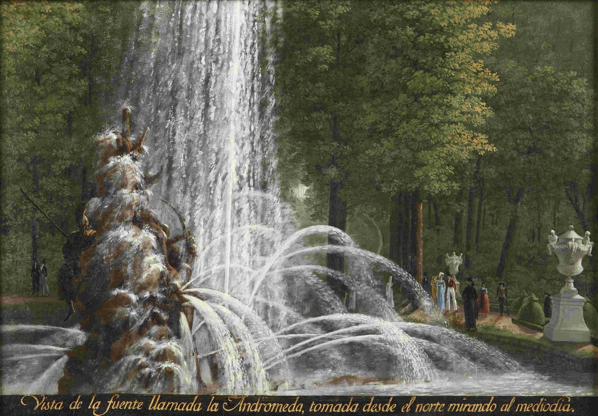 Pintura de una fuente con una escultura de la que surge un gran surtidor de agua vertical y numerosos surtidores oblicuos con un gran dramatismo.