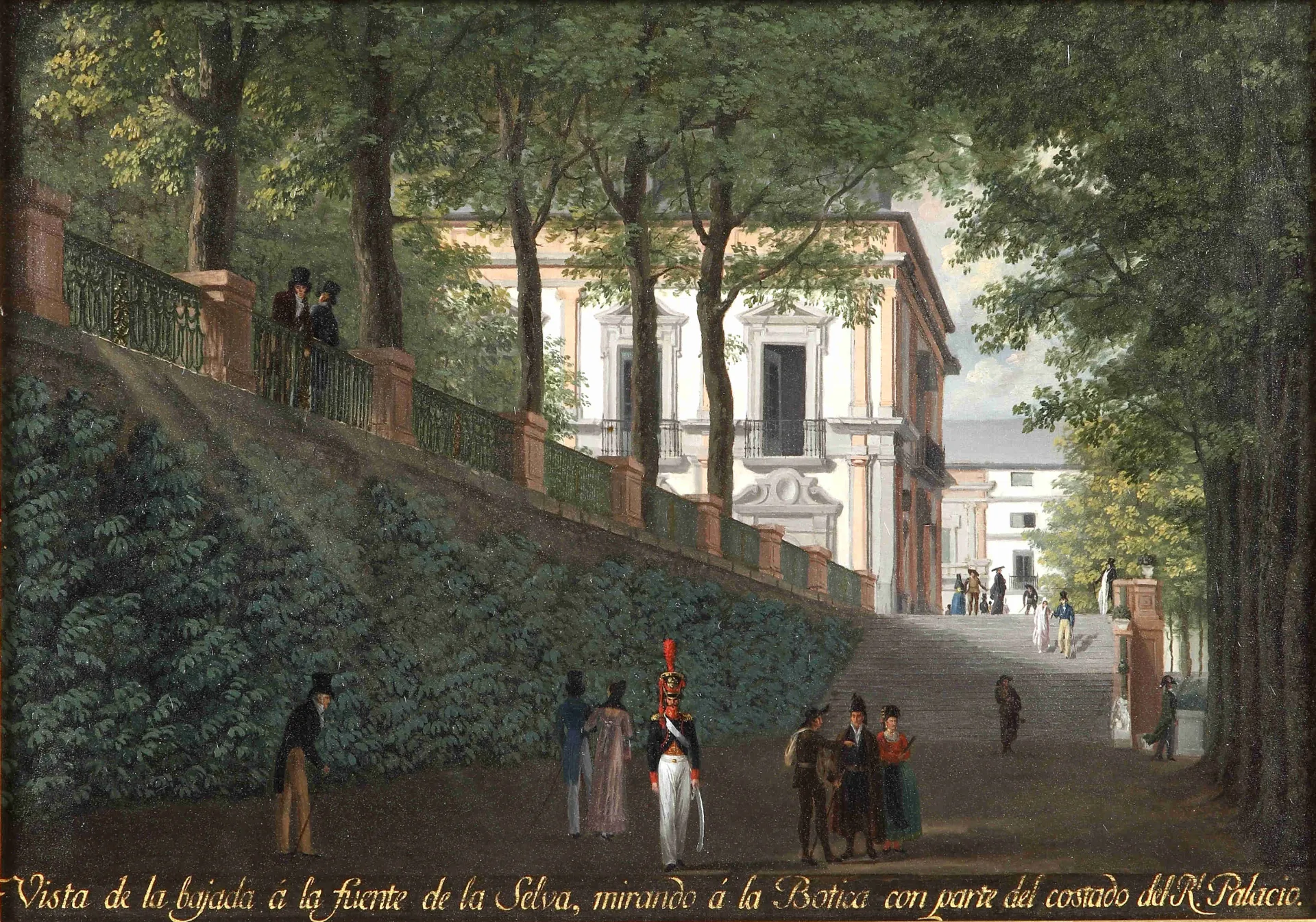 Pintura de una escalinata entre setos que desciende hacia un edificio, con paseantes de época y un soldado de uniforme en primer plano.