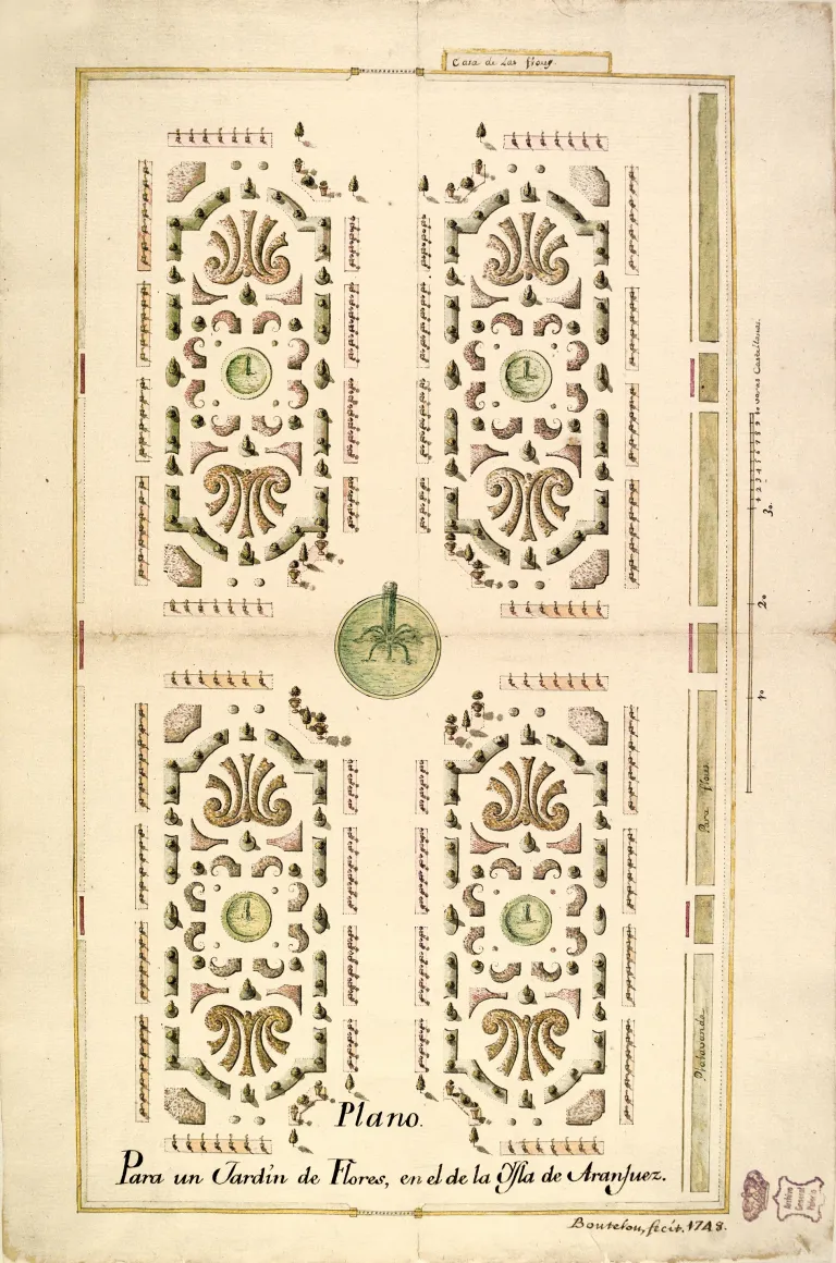 Plano histórico coloreado de un jardín de flores con parterres en la Isla de Aranjuez.