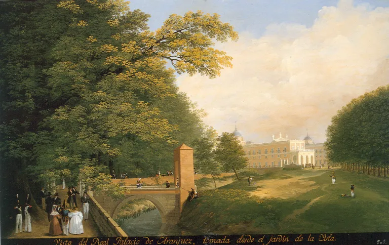 Pintura del Real Palacio de Aranjuez visto desde el jardín de la Isla, con puente y paseantes.