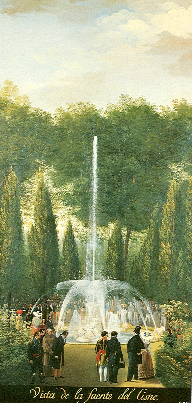 Pintura de la fuente del Cisne con un alto surtidor y paseantes entre cipreses.