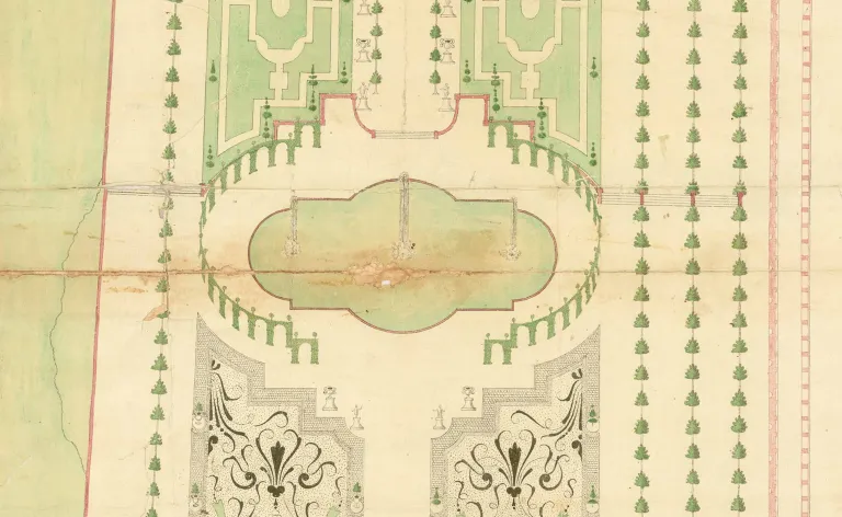 Detalle de un plano histórico de jardín con un estanque oval y parterres bordados.