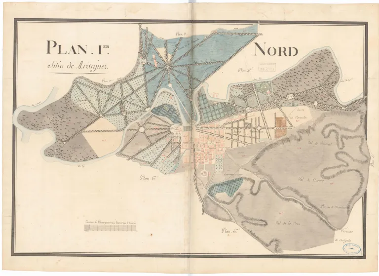 Plano histórico coloreado de un jardín con parterres ornamentales y arboledas.