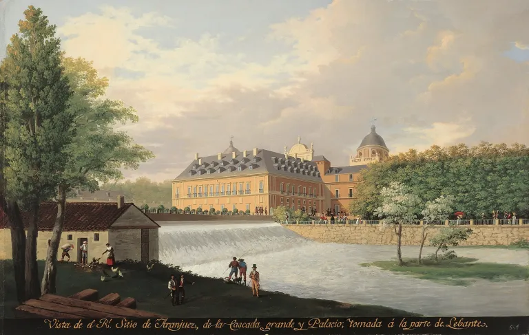 Pintura del Real Sitio de Aranjuez con la cascada grande y el palacio junto al río.