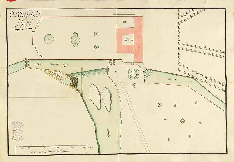 Plano histórico coloreado de Aranjuez de 1751 con el palacio, el río y la presa.