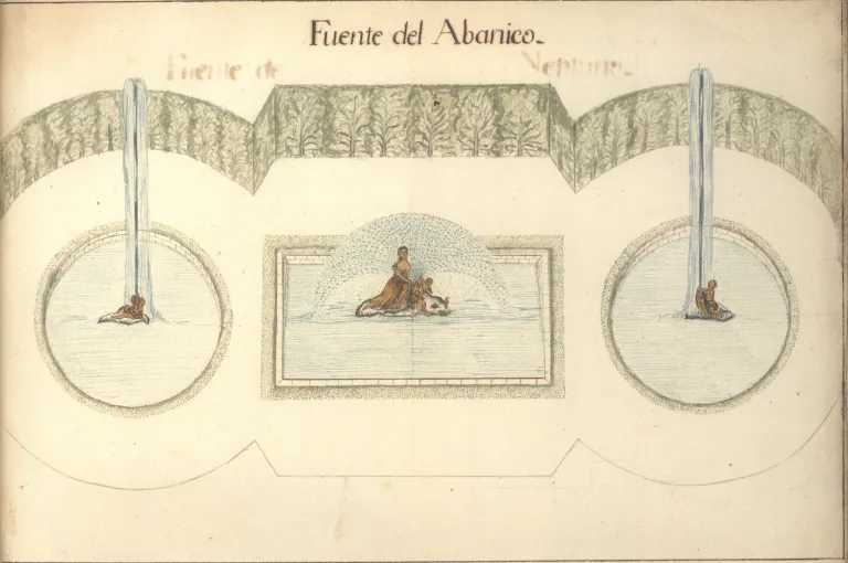 Dibujo anónimo de 1778 en el que aparecen tres fuentes dispuestas en línea. Las dos fuentes exteriores son circulares y están decoradas con esculturas y surtidores de agua verticales. La fuente central es rectangular y presenta una escultura de una náyade y un juego de agua en forma de abanico.