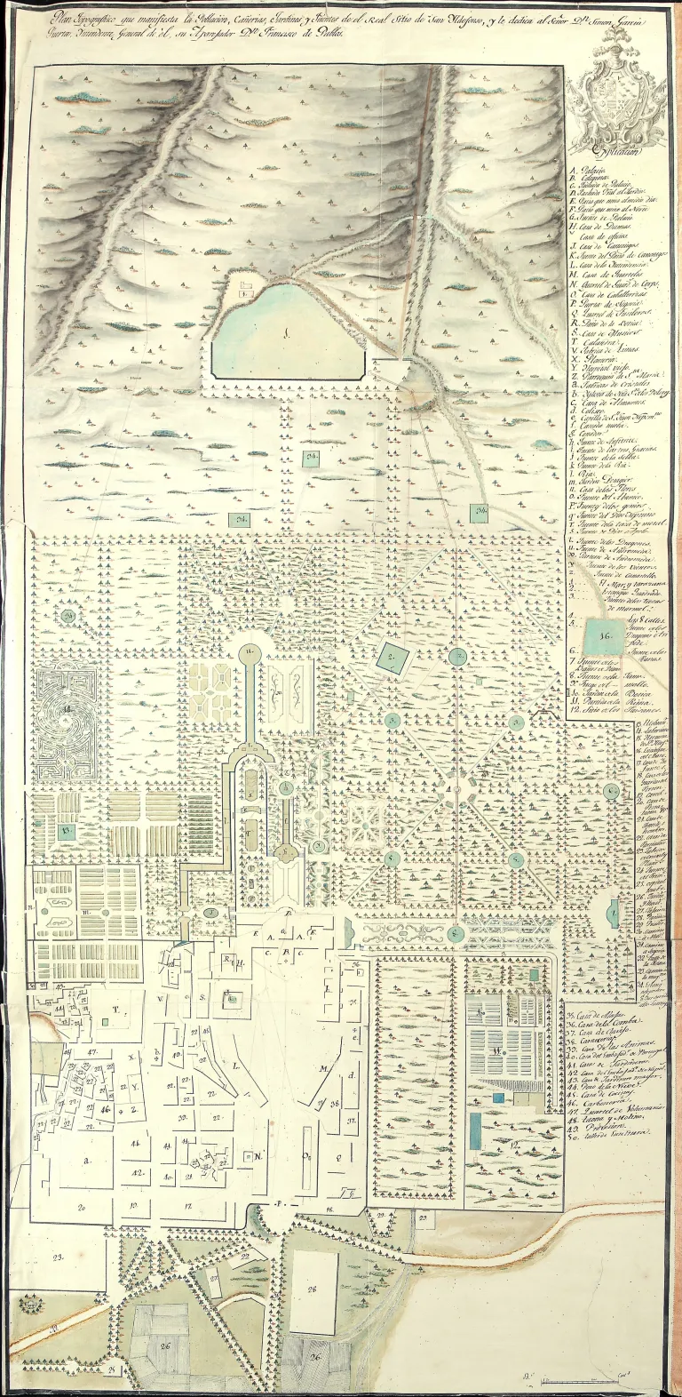 Plano topográfico antiguo y coloreado de un real sitio, con jardines, edificios, un estanque y una leyenda numerada.