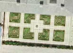 Vista cenital del jardín del Parterre con sus parterres de boj geométricos.