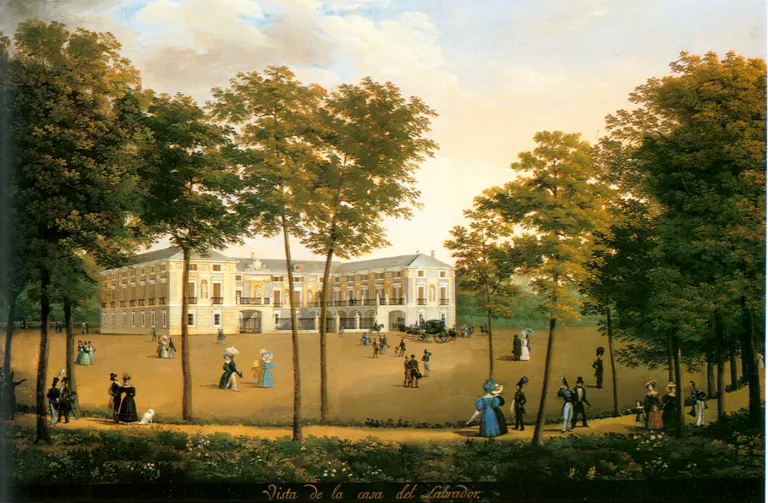 Pintura de la Real Casa del Labrador de Aranjuez: vista del palacio neoclásico con damas y caballeros de época paseando entre los árboles.