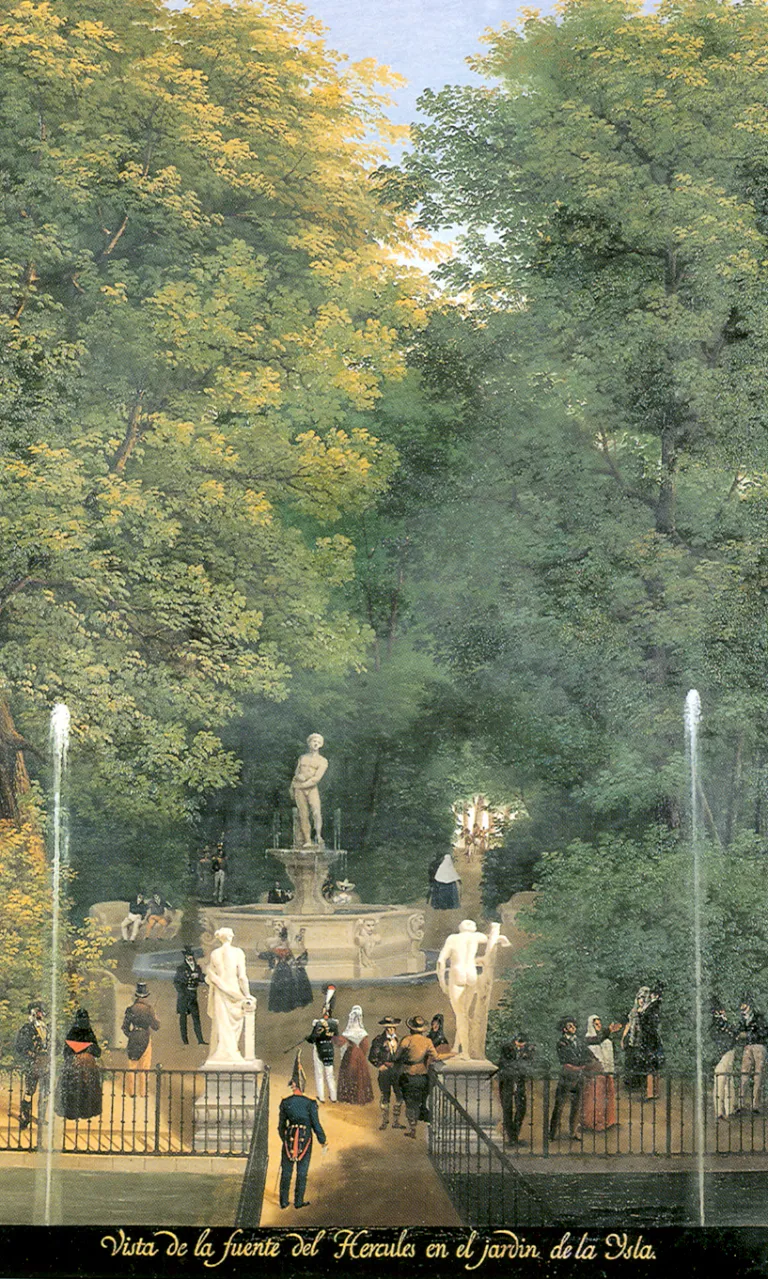 Pintura de la fuente del Hércules en el jardín de la Isla, con esculturas y paseantes.