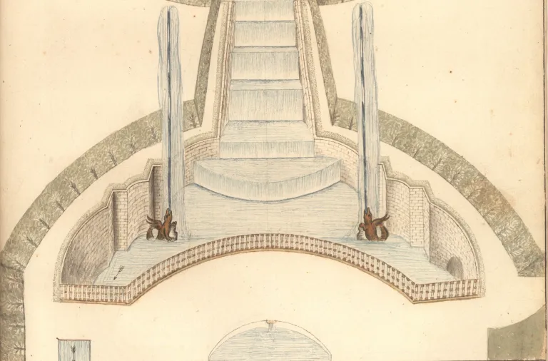 Dibujo técnico coloreado de una cascada escalonada con dos surtidores verticales y cabezas de dragón que vierten agua en una alberca.