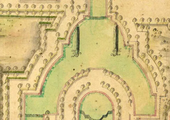 Plano antiguo coloreado de un jardín con parterres y setos dispuestos en forma semicircular, en tonos verdes y ocres.