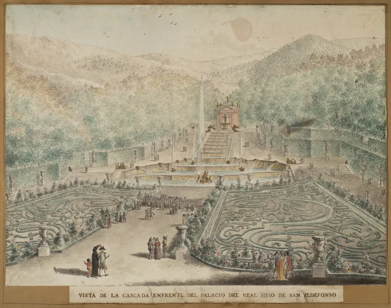 Gómez de Navia, El parterre y la cascada principal desde uno de los balcones del Palacio, h. 1800. Colección particular.