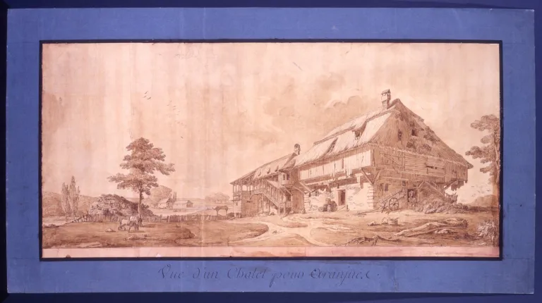 Dibujo a sepia de un chalet rústico proyectado para Aranjuez, con paisaje al fondo.