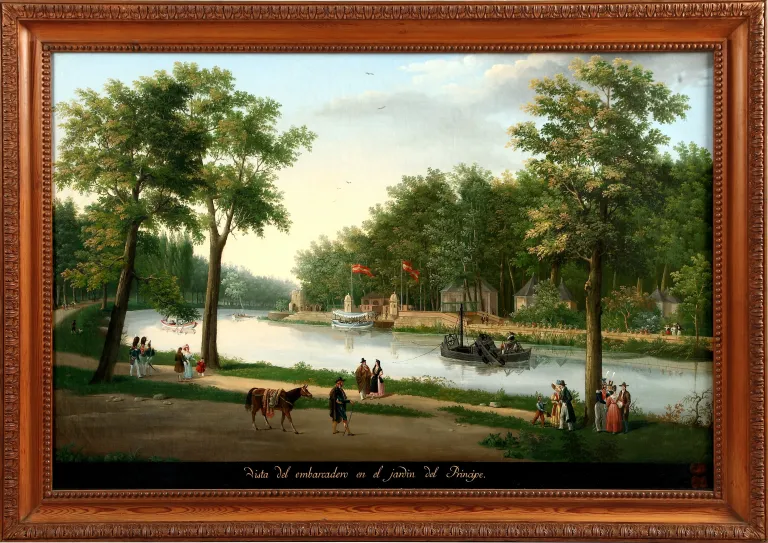 Pintura enmarcada del embarcadero del Jardín del Príncipe, con barcas en el río y paseantes.