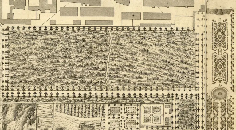 Detalle de un plano antiguo del jardín con una zona de bosque cruzada por un sendero, junto a parterres geométricos y una fuente.
