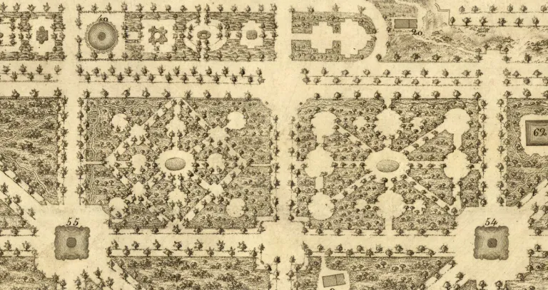 Grabado de un plano de jardín con parterres en forma de estrella y bosquetes geométricos numerados.