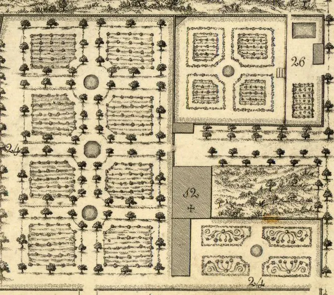 Detalle de un plano antiguo con un huerto dividido en parcelas arboladas alrededor de fuentes circulares, junto a un jardín con parterres.