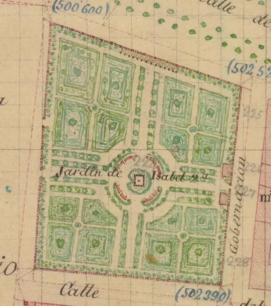Junta General de Estadística, Topografía de Aranjuez, detalle del Jardín del Príncipe (composición hojas kilométricas) , 1865-1870. Instituto Geográfico Nacional.