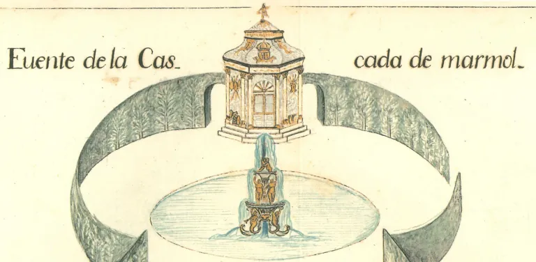 Anónimo. Fuente de la Cascada de marmol. Descripción General de las Fuentes que se hallan en los Jardines del Real Sitio de San Ildephonso. Año de 1778, detalle. Patrimonio Nacional.